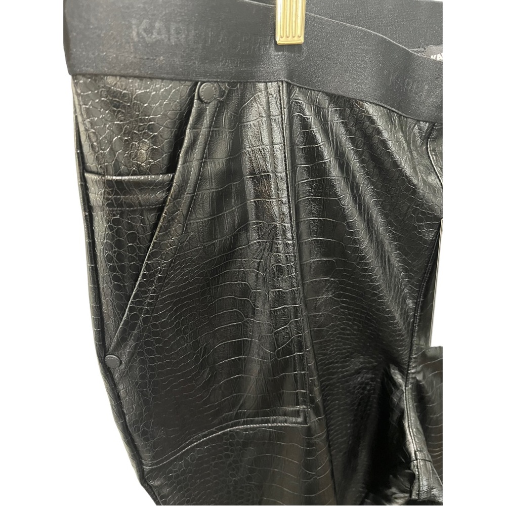 KARL LAGERFELD PARIS BLACK VEGAN LEATHER CROC PRINT ELASTIC BAND PANTS - Picture 6 of 13